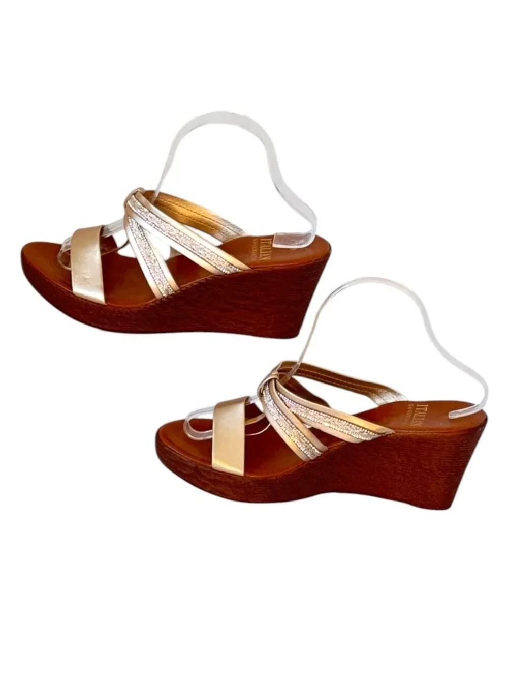 Italian Shoemakers Wedge Sandals have Gold Embellished Strap Design Thong 10